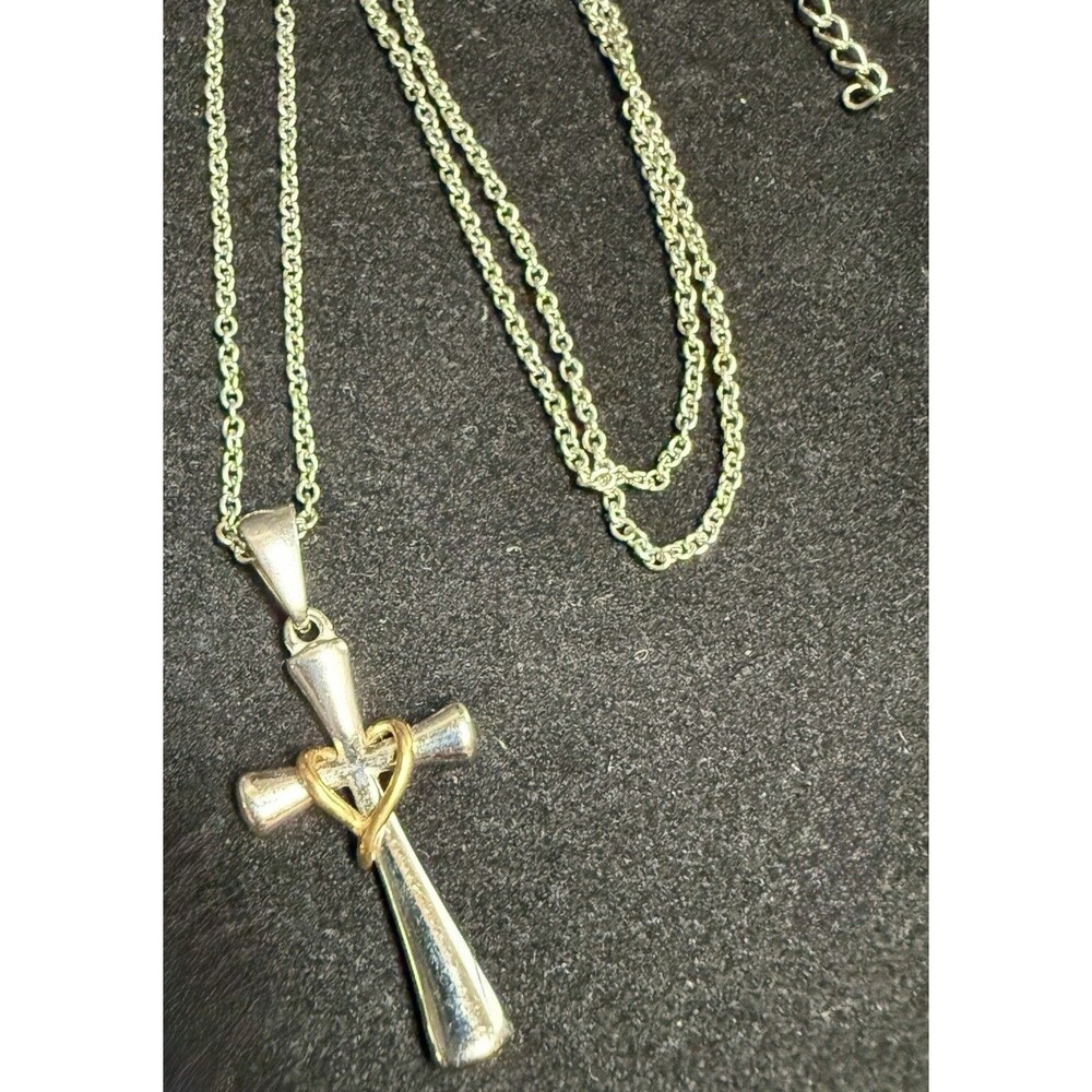 Stainless Steel Cross Pendant Gold Heart 18" Chain Necklace Two Tone Jewelry